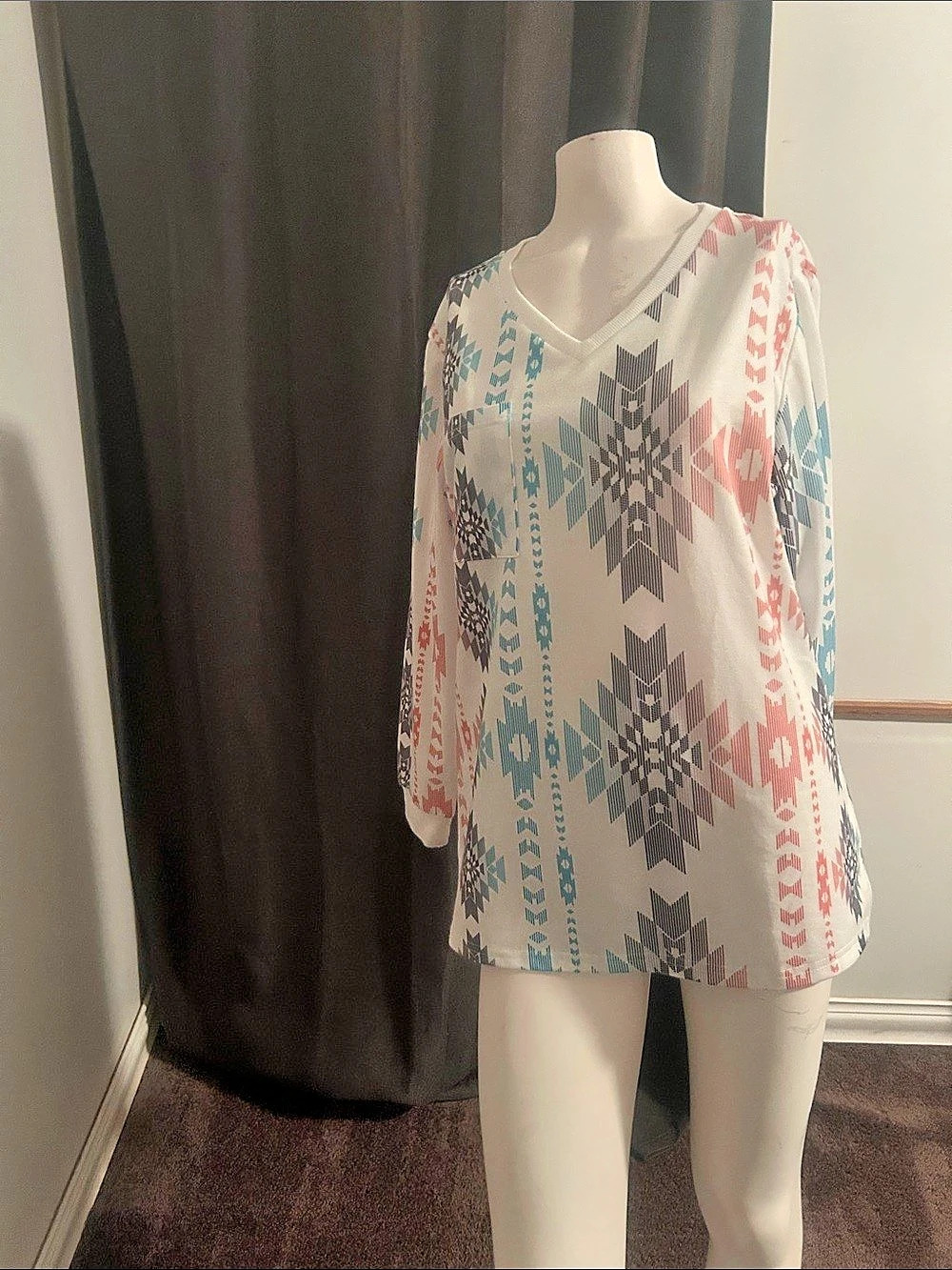 Rebel Cowgirl Geometric Tunic in White & Blue Size Large
